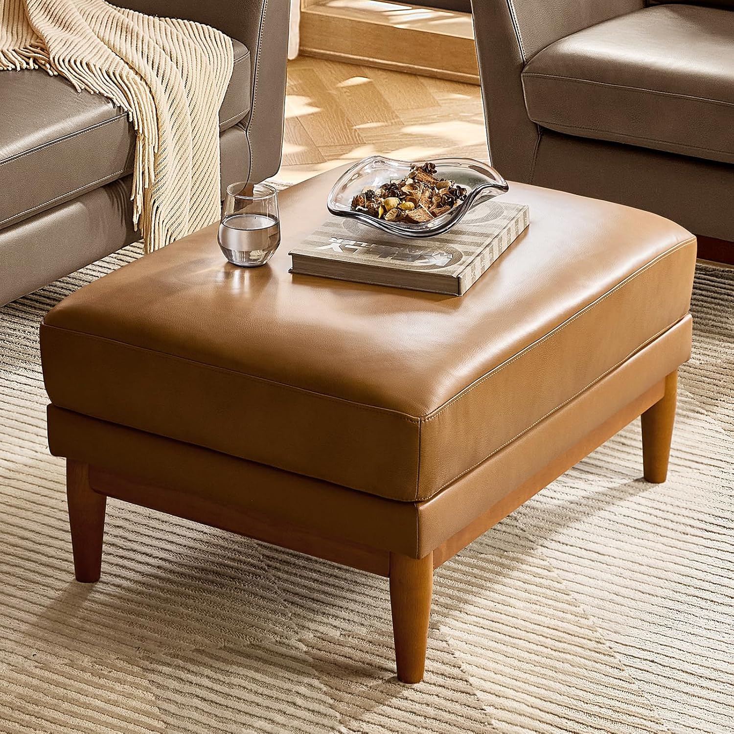Outdoor Furniture Wood - 진짜 가죽 오토만 커피 테이블, 거실용